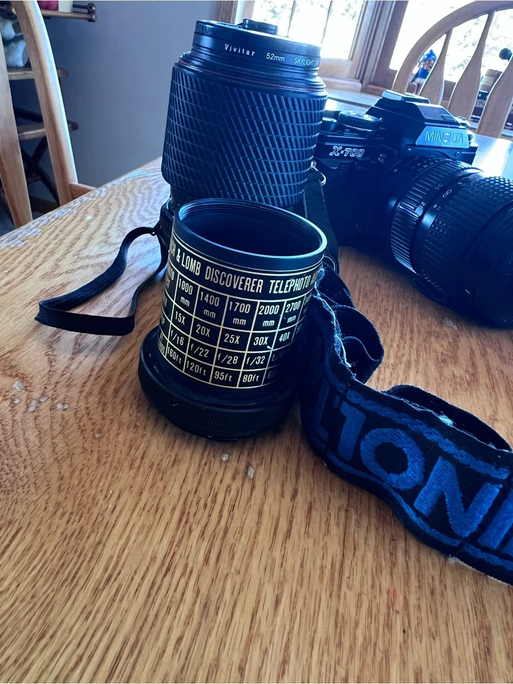 Minolta X-700 Film Camera with Black/Blue Strap, lens, adapter, auto thyristor